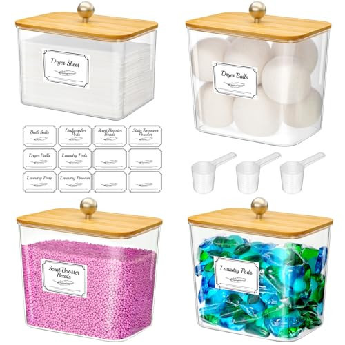 Lifewit 3+1 Pack Laundry Pods Container and Dryer Sheet Holder, Clear Detergent Dispenser for Washing Powder/Capsule/Pot/Tablets,Storage Holder for Laundry Room Organization with Wooden Lids & Labels | Amazon (US)