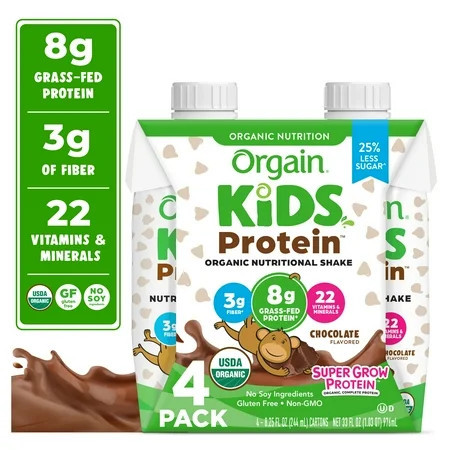 Orgain Organic Kids 8g Protein Nutritional Shake Drink, 22 Vitamins & Minerals Including A, B, C, and D, Chocolate, 4ct | Walmart (US)