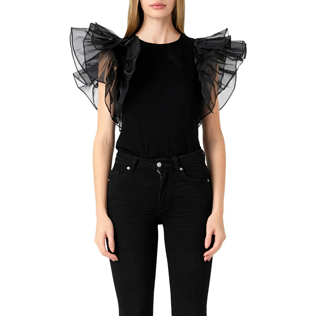 Endless Rose Organza Ruffle Sleeve Top in Black at Nordstrom, Size Small | Nordstrom