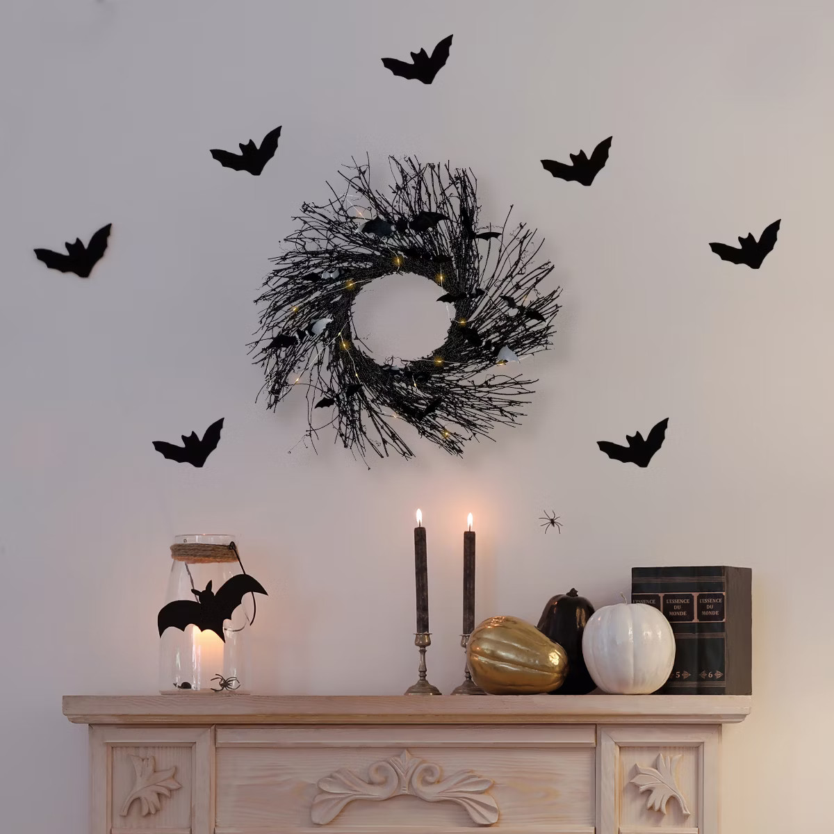 Northlight Black Halloween Twig Wreath with Bats and Warm White Lights, 22-Inch | Target