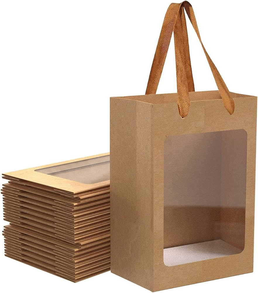12 Pcs Brown Paper Gift Bags with Transparent Window, 9.84"x7.0"x5.12" Kraft Shopping Bags with H... | Amazon (US)