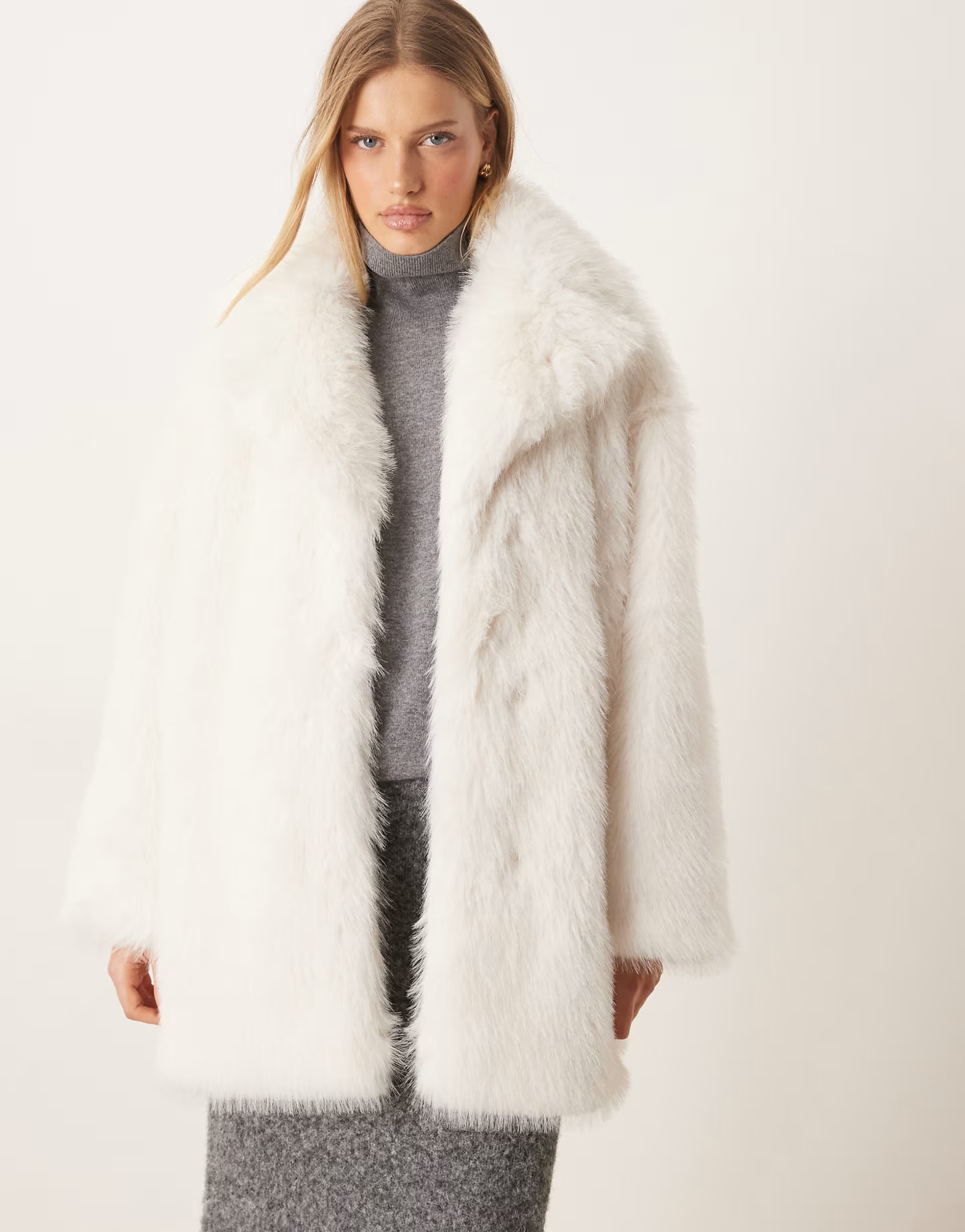 Gina Tricot faux fur mid coat in white | ASOS (Global)