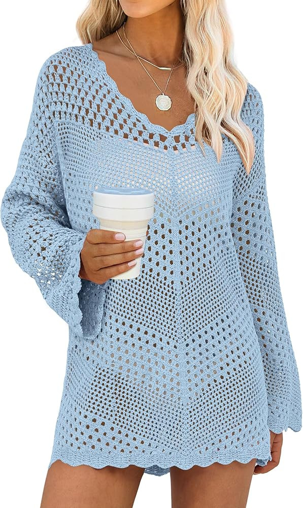 ANRABESS Swimsuit Cover Up for Women Crochet Bathing Suit Summer Swimwear V Neck Mesh Knit Dress ... | Amazon (US)