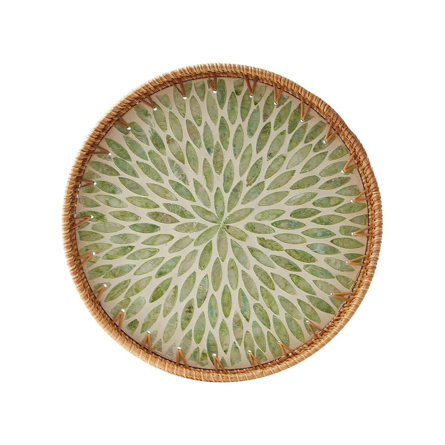 Round Rattan Tray with Mother of Pearl Inlay, Rattan Serving Tray with Wooden Base, Decorative Wi... | Amazon (US)