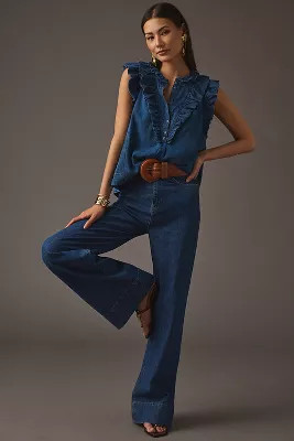 Pilcro Ruffled Chambray Henley Blouse | Anthropologie (US)