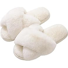 Evshine Women's Fuzzy Slippers Cross Band Memory Foam House Slippers Open Toe | Amazon (US)