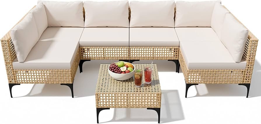 Devoko Patio Furniture Set 7 Piece Outdoor Sectional Sofa Hollow Rattan Patio Seating Sofa with C... | Amazon (US)