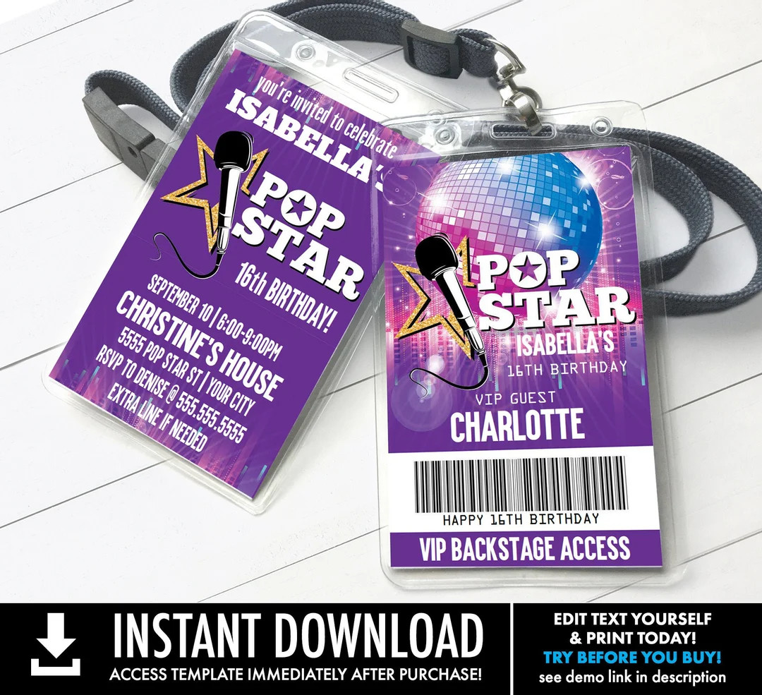 Pop Star Party VIP Badge Invitation,party Like a Pop Star,rock N Roll,all Access | Self-edit With... | Etsy (US)