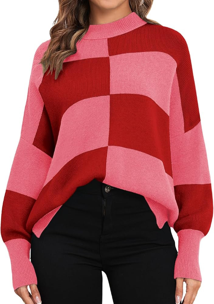 ZAFUL Womens 2025 Trendy Sweater Checkered Oversized Pullover Sweaters Side Slit Cozy Fall Winter... | Amazon (US)