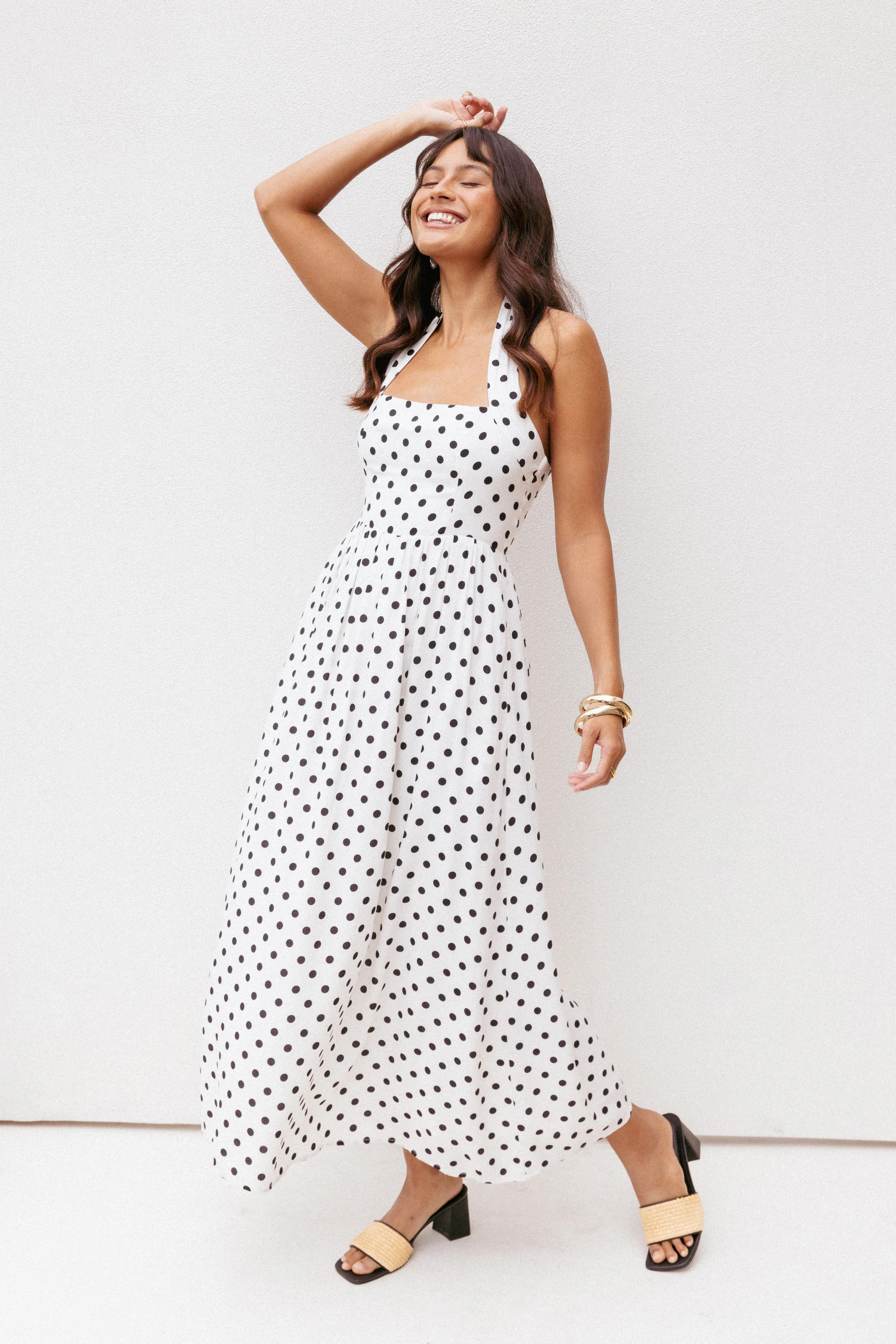 Gemini Halterneck Maxi Dress - White Polka Dot | Petal & Pup (US)