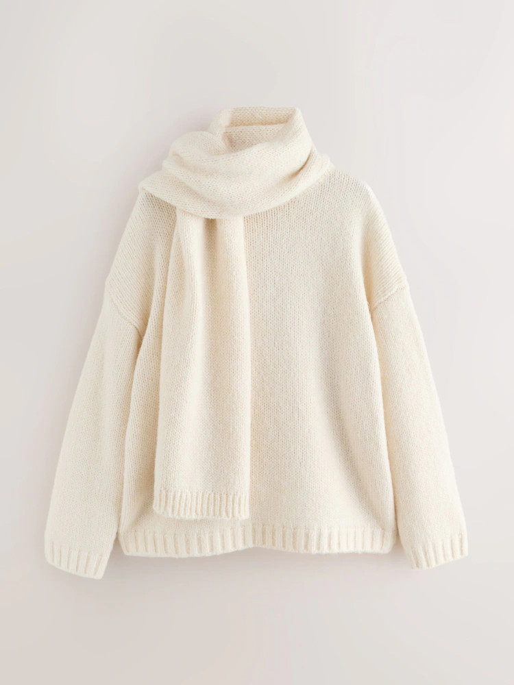 Nothing Ordinary Cream Knitted Detachable Scarf Jumper With Wool | Next US