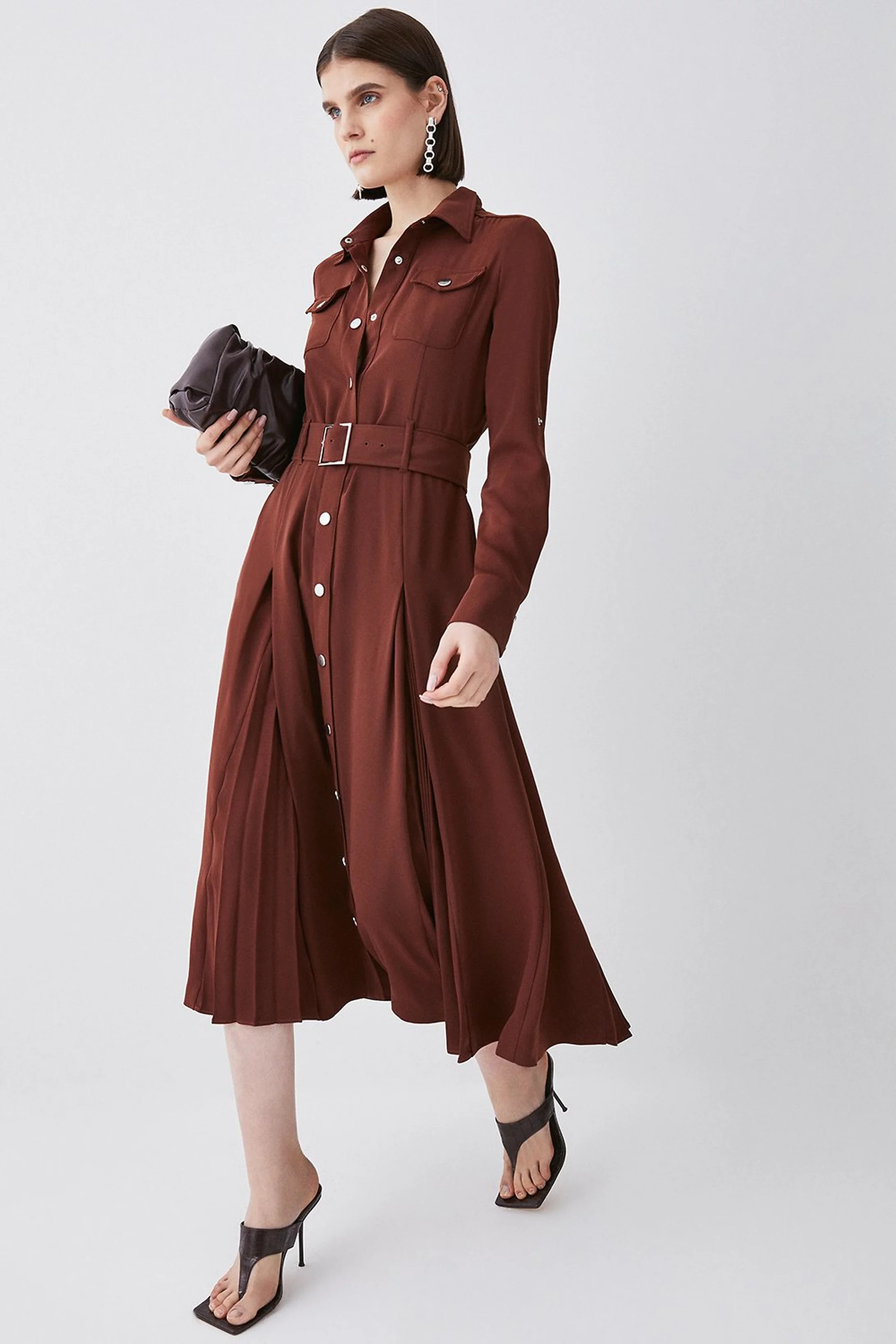 Soft Tailored Pleat Panel Sleeved Belted Midi Dress | Karen Millen US