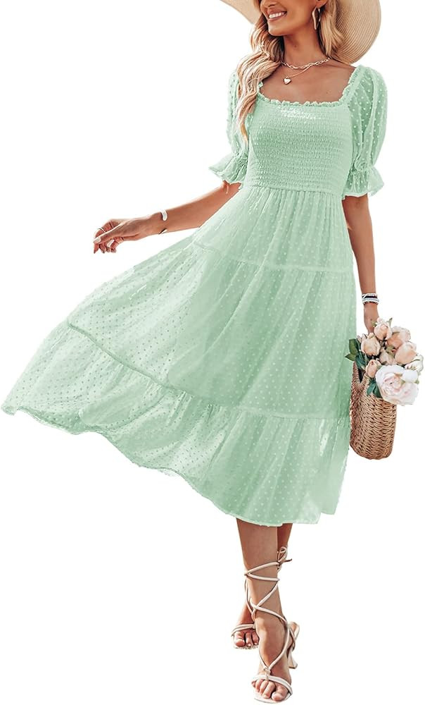 SYZRI Women's Summer Square Neck Puff Sleeve Ruffle Midi Dress Boho Swiss Dot Tie Back Smocked Dr... | Amazon (US)