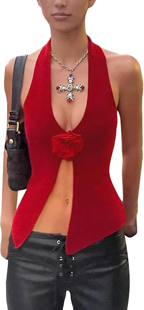Women 3D Flower Halter Tops Front Slit Hem Backless Shirt Sleeveless Knitted Crop Camisole Street... | Amazon (US)