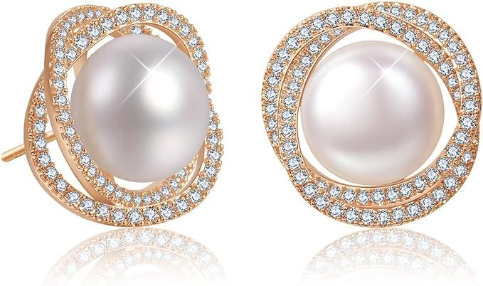 EYESHOCK Pearl Earrings for Women,10-11mm Freshwater Pearl Cubic Zirconia Double Hoops Stud Earri... | Amazon (US)