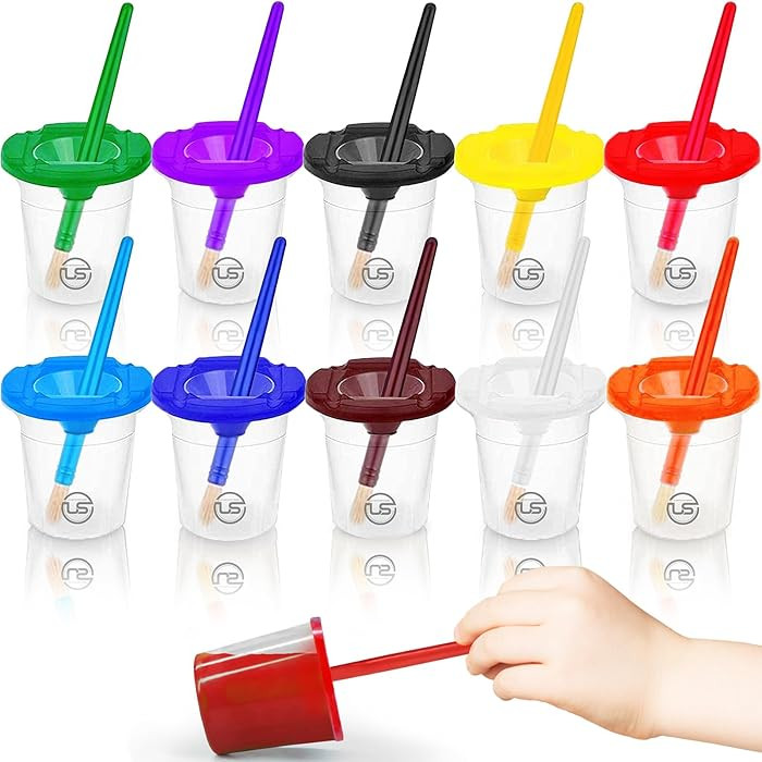 Paint Cups with Lids for Kids – 10 Paint Containers with Lids, 10 Toddler Paints Brushes – To... | Amazon (US)