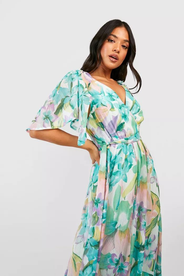 Pastel Floral Angel Sleeve Strappy Maxi Dress | boohoo (US & Canada)