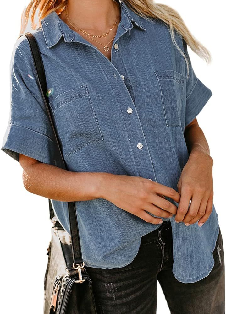 LookbookStore Women's Casual Denim Shirt Button Down V Neck Short Sleeve Blouse Top | Amazon (US)