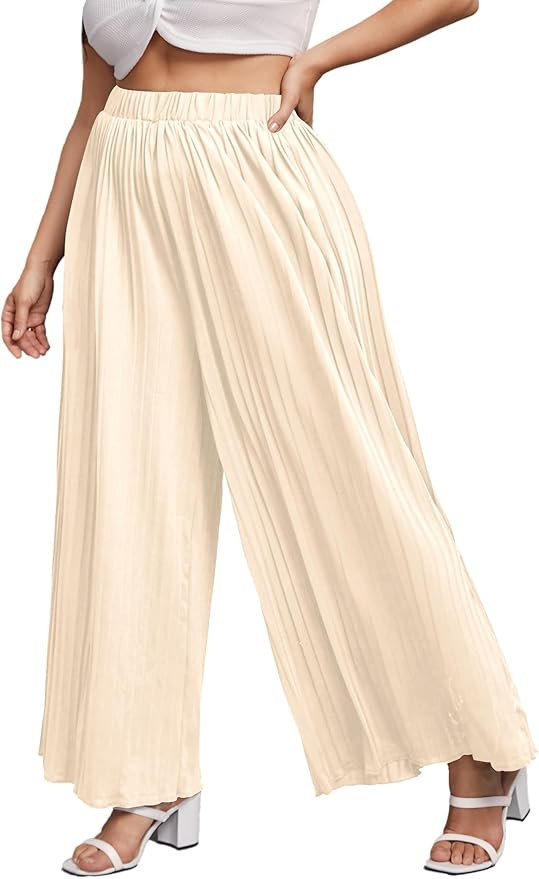 WDIRARA Women's Plus Size Pleated Elastic Waist Wide Leg Casual Long Pants | Amazon (US)