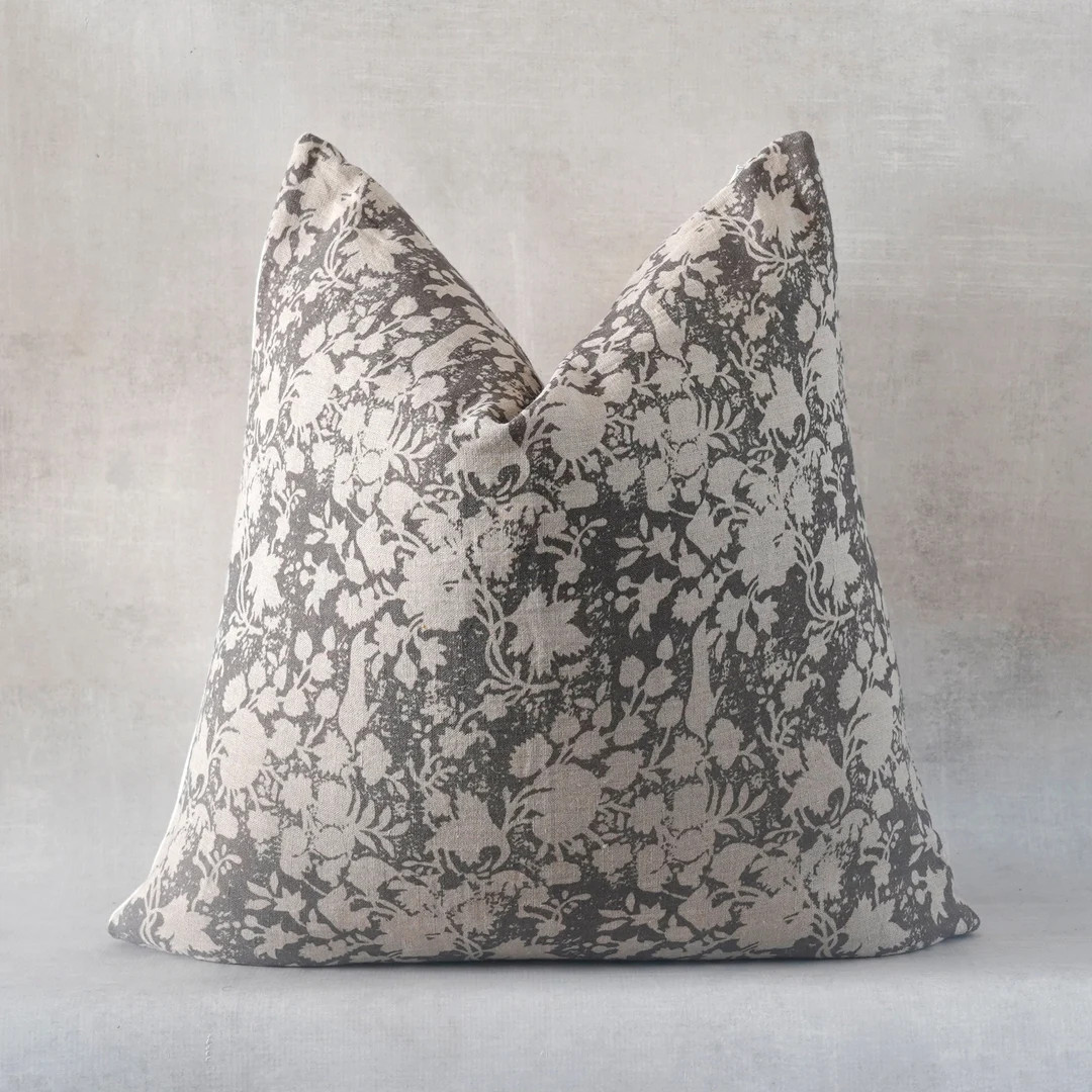 Designer Soft Grey Beige Botanical Print Floral Design on Natural Linen Pillow Cover | Beige Grey... | Etsy (US)