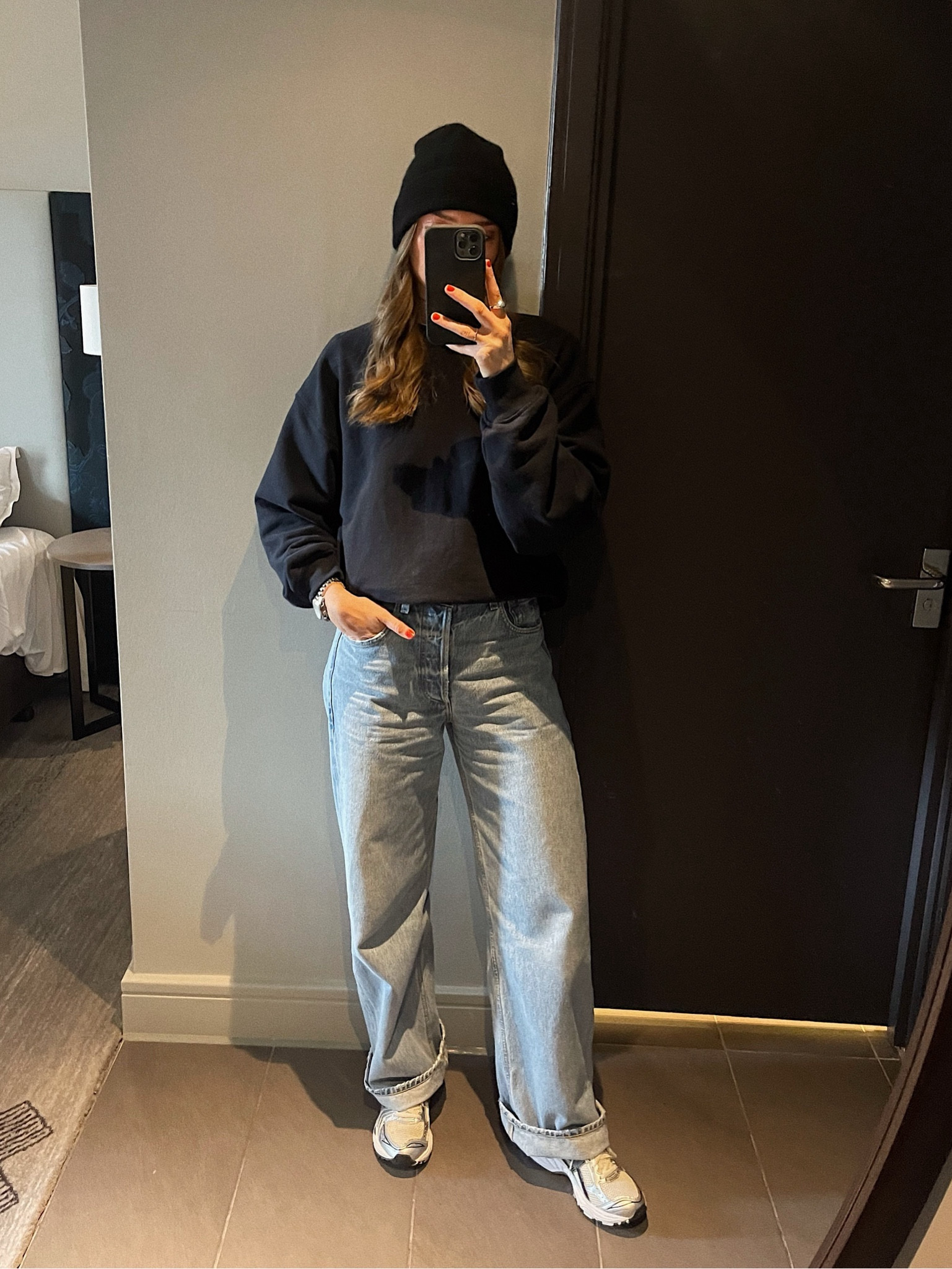 Size 8 in the navy RAEY sweatshirt 
25 in the COH Ayla jeans
ASICS gel kayano trainers 
