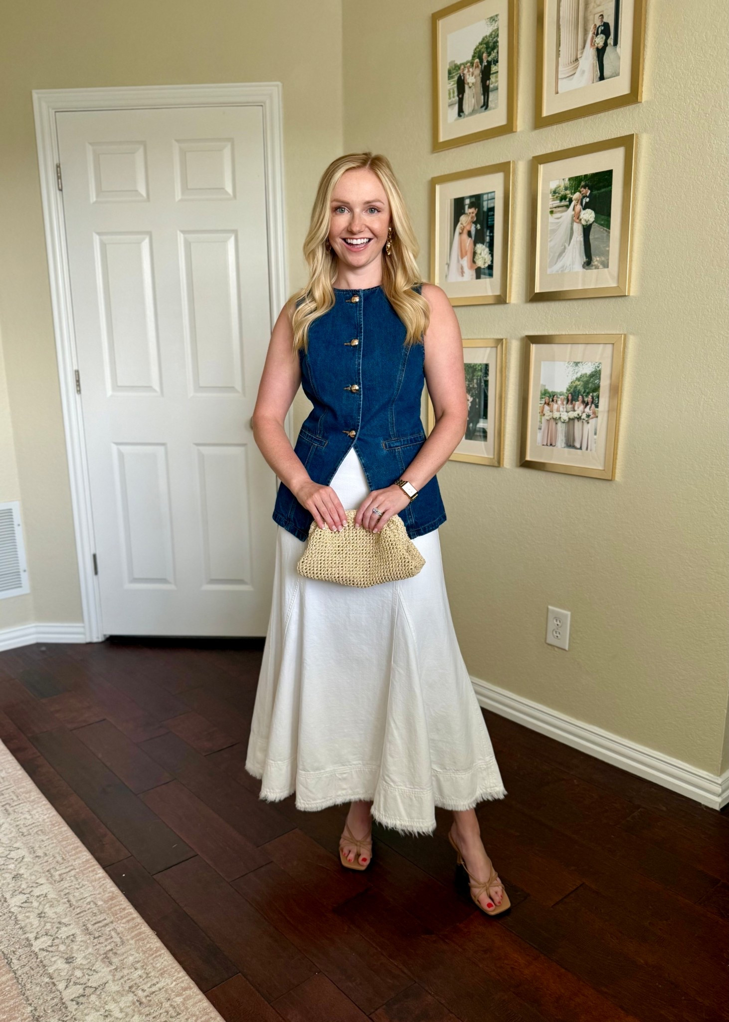 Summer date night outfit idea! Wearing a 25 in the skirt. This exact vest is sold out, but I linked similar! | denim skirt, denim vest, midi skirt 

#LTKPetite #LTKSummerEdit #LTKSeasonal