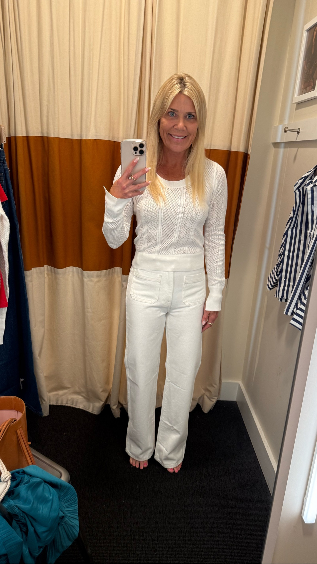 Easy casual chic outfit you can wear now & later into fall accessorizing it with chocolate brown suede handbag, metallic flats or a leather jacket. The jeans fit true to size and liked tailored in the legline. Top I sized down for a more fitted look. I’d wear this now with gold wedges or snakeskin sandals and statement earrings with a woven handbag.

#LTKOver40 #LTKxMadewell #LTKSeasonal