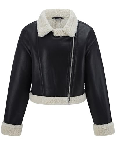 WYOYW Women Faux Fur Leather Jacket Loose Sherpa Leather Jacket Cropped Fur Lined Shearing Coat Black M | Amazon (US)