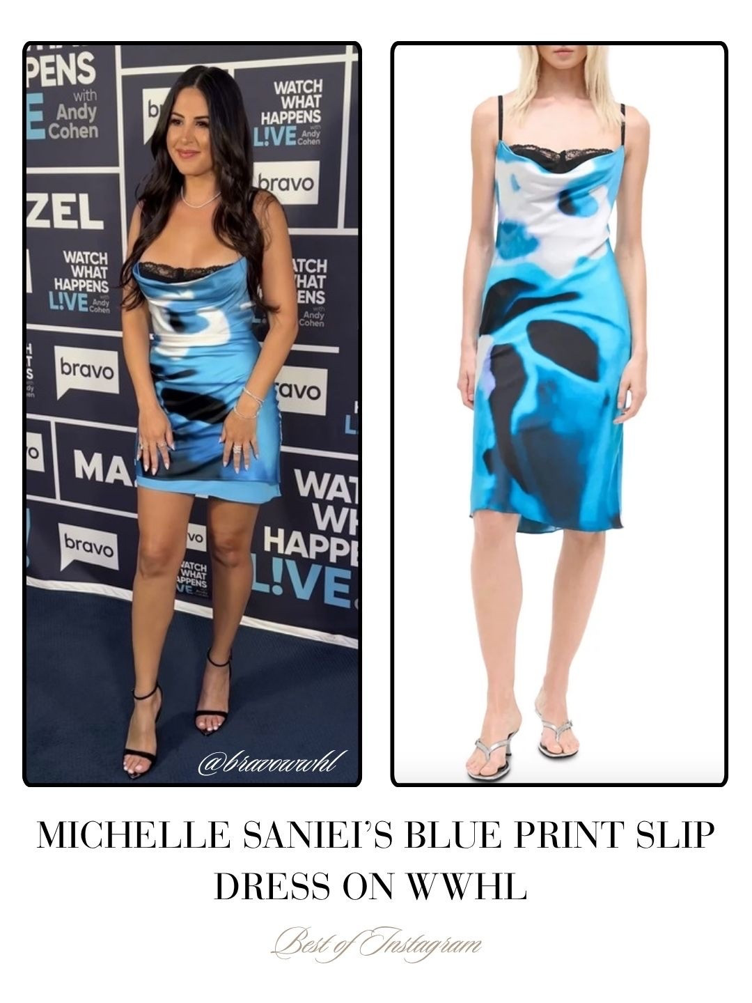 Michelle Saniei’s Blue Printed Slip Dress on WWHL 📸 = @bravowwhl