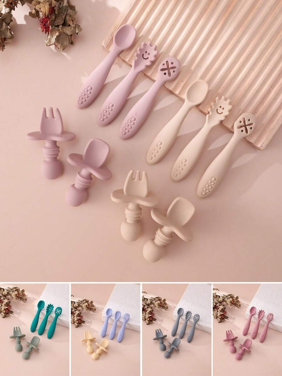 PopLittleOne 5PCS Baby Silicone Utensils Mini Baby Spoon Fork Baby Food Accessories Solid Color B... | SHEIN