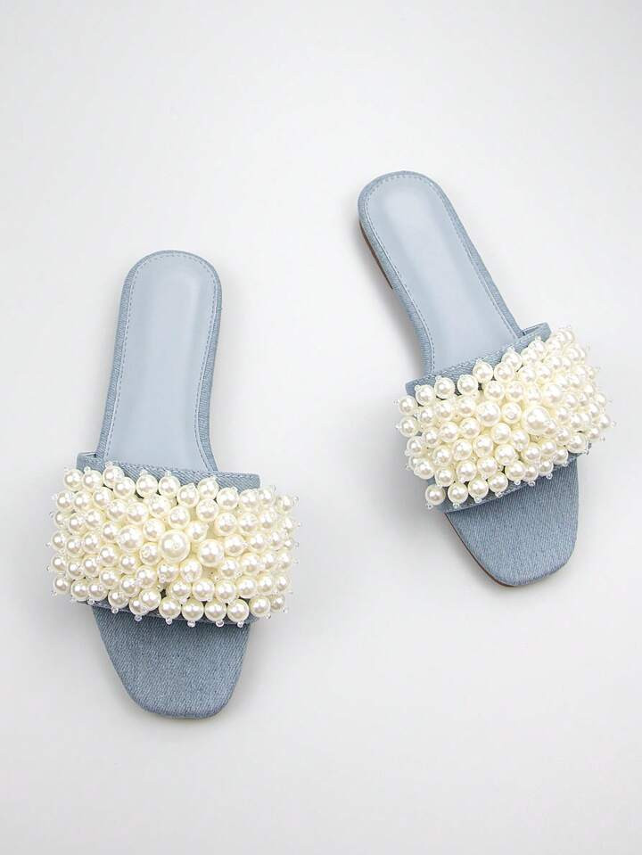 Fashionable & Comfortable Women's Denim Flat Sandals With Faux Pearl Decoration Slippers | SHEIN