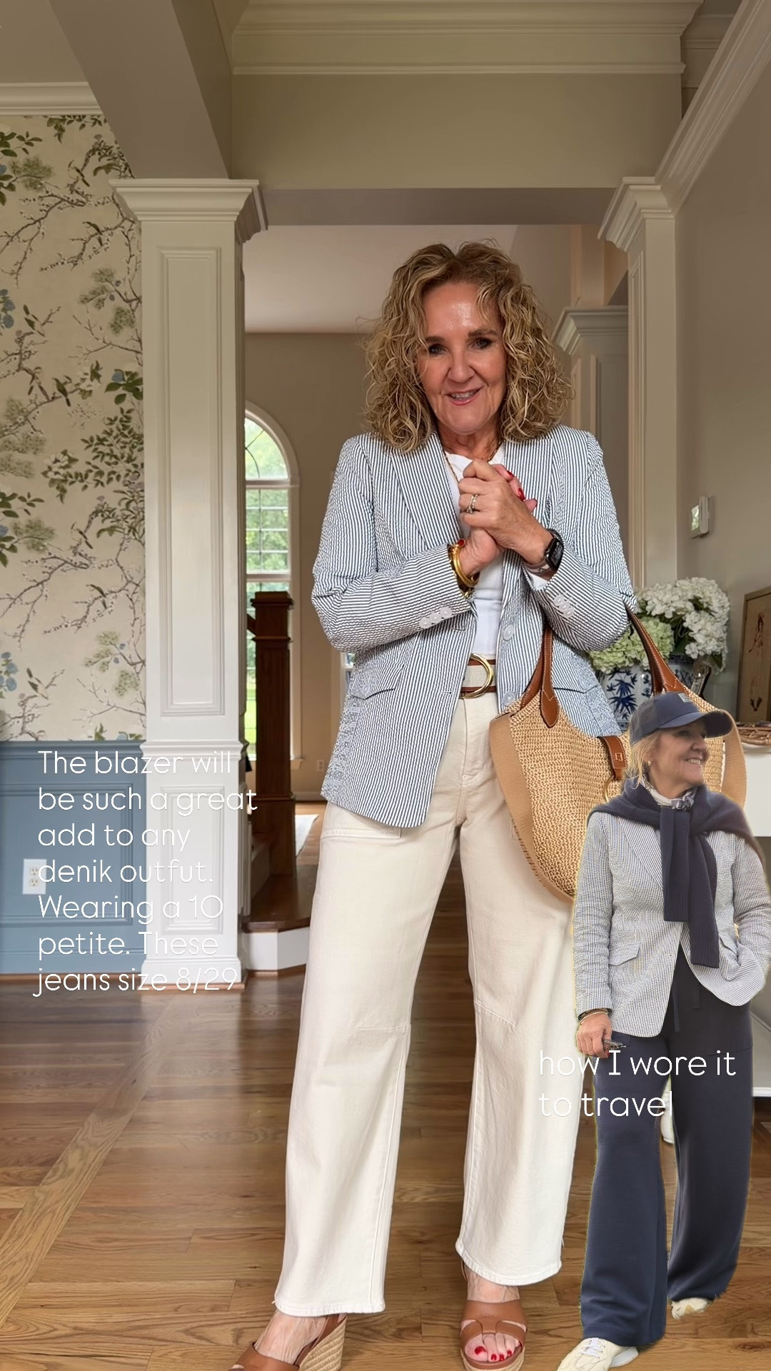 Blazer 10 petite 
Jeans 8/29 15% off 1 Avara order with code NANETTE15
10% off my tote with code NANETTE

Business, casual, casual office jeans and a blazer seersucker blazer

#LTKSaleAlert #LTKOver40 #LTKWorkwear