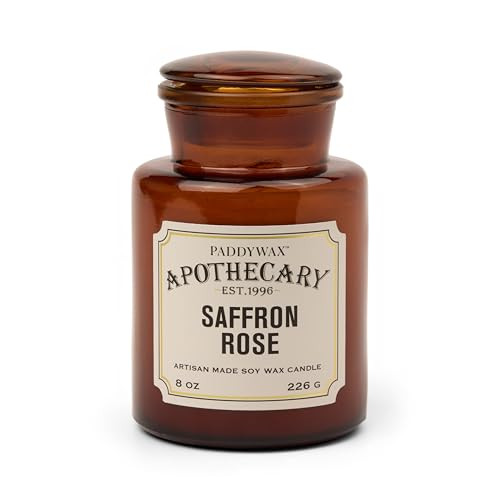 Paddywax Artisan Apothecary Scented Candle with Lid in Reusable Glass Jar, Clean-Burn Soy Candle with Approx. 54 Hour Burn Time, Saffron & Rose, 8 oz | Amazon (US)