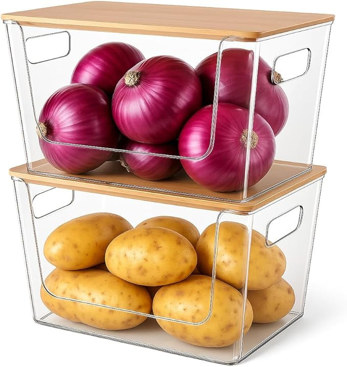 2 Set Pantry Organizers and Storage - Clear Stackable Bins with Bamboo Lid for Fruit, Onion, Pota... | Amazon (US)