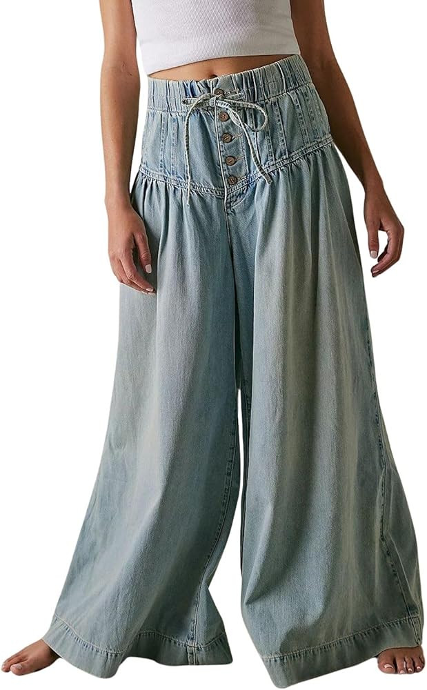 loveimgs Women Y2k Pleated Baggy Jeans Elastic Waist Wide Leg Denim Pants Palazzo Cargo Barrel Je... | Amazon (US)