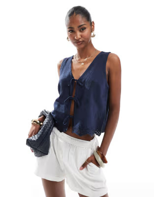 Hollister tie front linen top in navy blue | ASOS (Global)