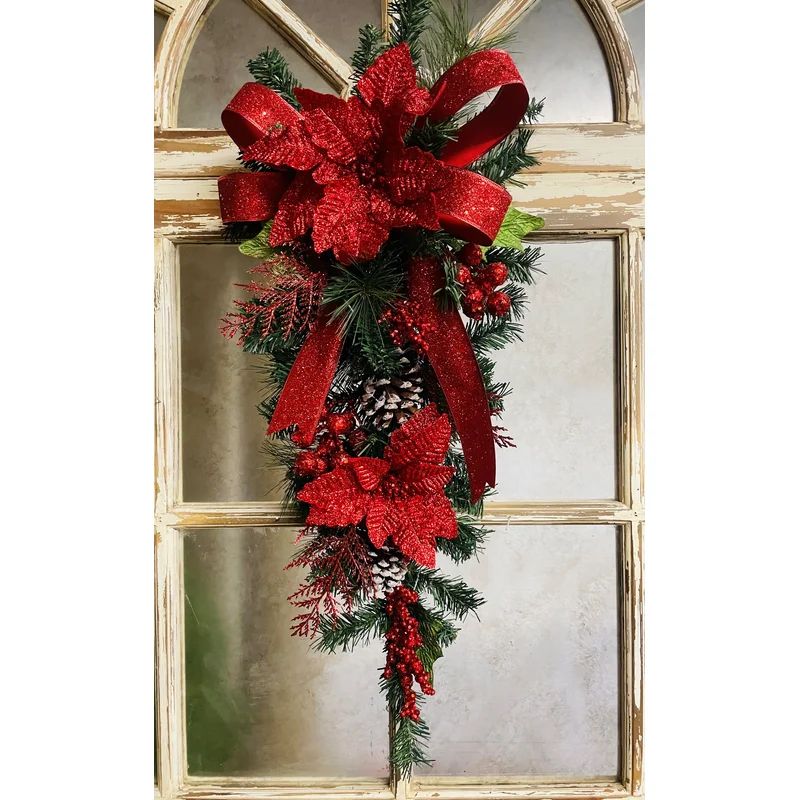 Teardrop Poinsettia With Natural Cones Metallic Red 30" | Wayfair North America