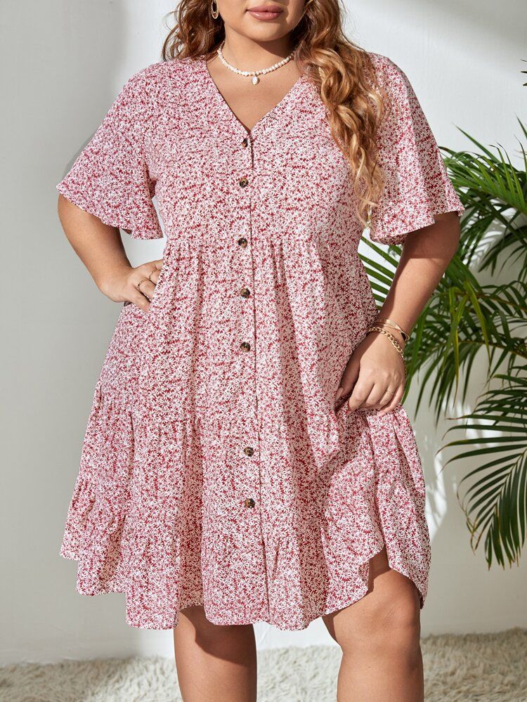 New
     
      Plus Ditsy Floral Flutter Sleeve Button Front Ruffle Hem Dress | SHEIN