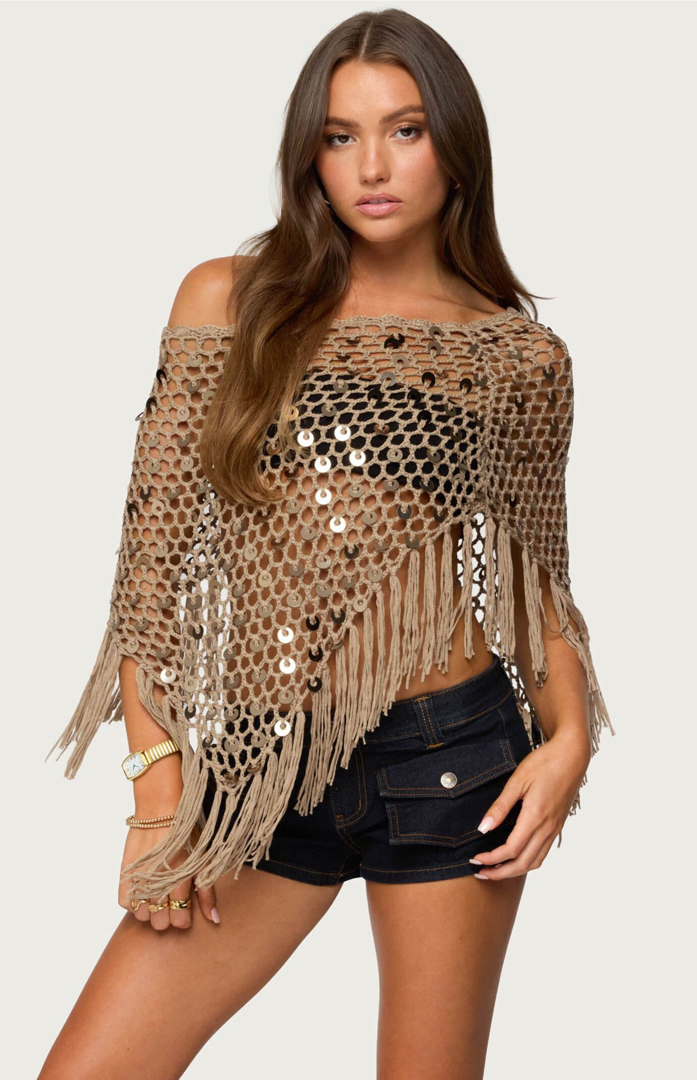 Edikted Women's Fringe Sequin Crochet Poncho in Tan - Size Small | PacSun