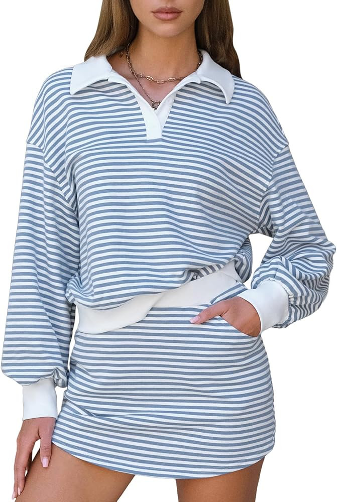 EXLURA Women Fall Two Piece Sets Airport Outfits 2025 Cotton Striped Sweatshirt Matching Skirt Sk... | Amazon (US)
