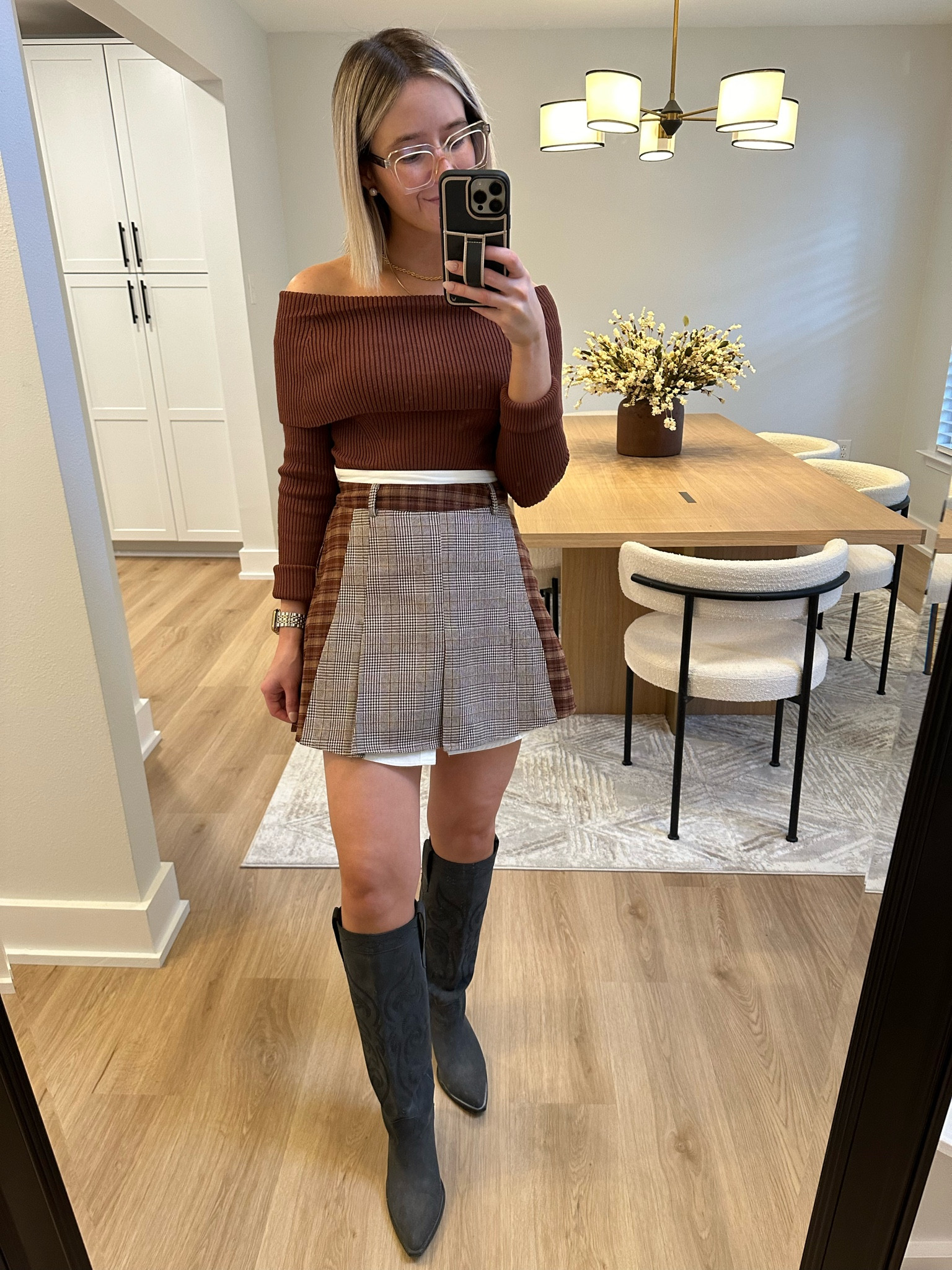 Avec Les Filles rust off the shoulder ribbed sweater bodysuit xs tts and actually stays on shoulders! Got this top from the Nordstrom anniversary sale and love it

Avec Les Filles Plaid Layered Look Miniskirt size xs - I tried a small and xs and personally like the tighter fit of the xs but if you’re in between sizes, size up 

Vici Washed black western boots - linked similar 

N sale, Nordstrom sale, Nordstrom anniversary sale, off the shoulder top, ribbed top, bodysuit, plaid skirt, layered skirt, early fall outfit, western boots, cowboy boots 

#LTKxNSale #LTKStyleTip #LTKSaleAlert