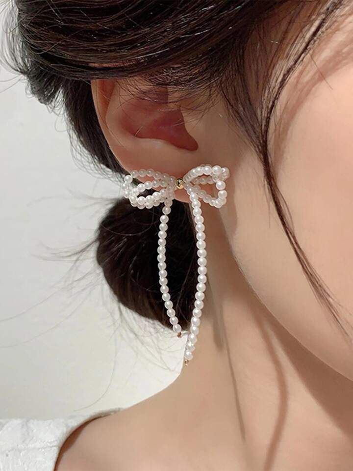 1pair Bow & Faux Pearl Tassel Earrings Suitable For Women | SHEIN