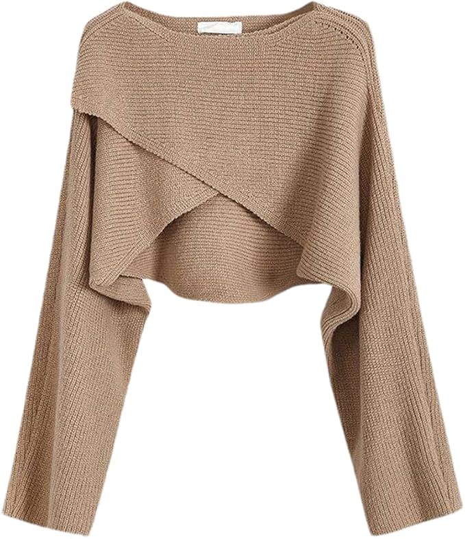 Fnfmrfmr Women Short Knit Sweater Long Sleeve Solid O Neck Irregular Hem Loose Pullovers Sweaters | Amazon (US)
