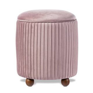 Modern Dusty Pink Pleated Velvet Upholstered Storage Ottoman or Accent Stool with Rubberwood Ball Feet | The Home Depot