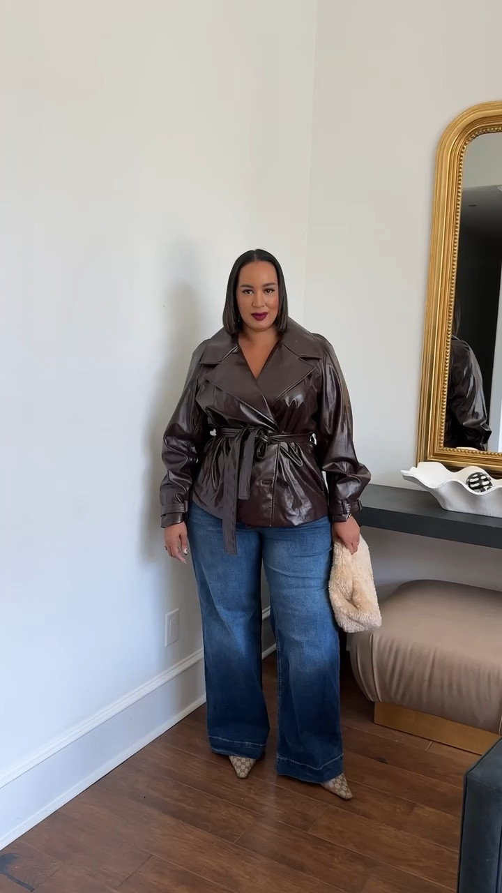 Paired the chocolate faux leather trench from jcpenney with a pair of wide leg jeans. Perfect outfit for work or date night 

#LTKWorkwear #LTKMidsize #LTKPlusSize