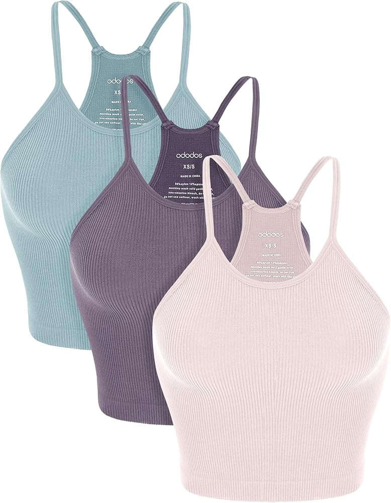 ODODOS Women's Crop 3-Pack Washed Seamless Rib-Knit Camisole Crop Tank Tops | Amazon (US)