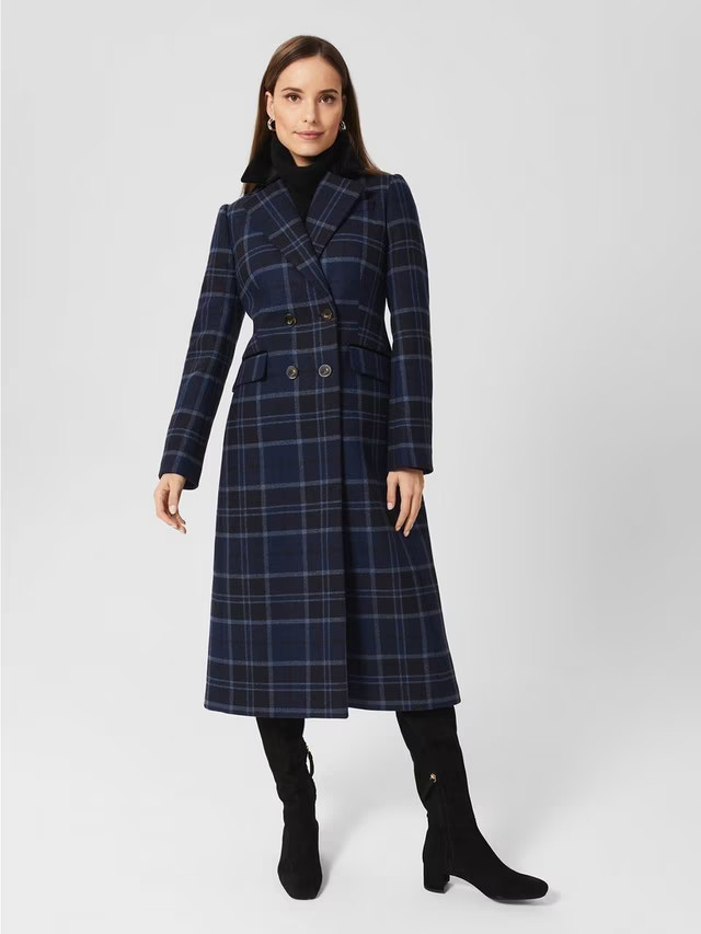 Hobbs Patricia Double Breasted Check Coat, Blue/Multi | John Lewis (UK)