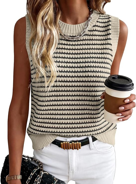ANRABESS Womens Sleeveless Sweater Vest Striped Tank Tops | Crochet Knit Crew Neck, Lightweight S... | Amazon (US)