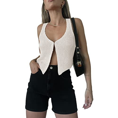 Women Y2k Crochet Vest Top Vintage Solid Color V Neck Sleeveless Button Down Crop Tops Streetwear | Amazon (US)