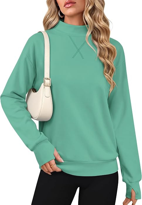 AUSELILY Mock Neck Sweatshirt for Women Long Sleeve Pullover Top Thumb Hole | Amazon (US)